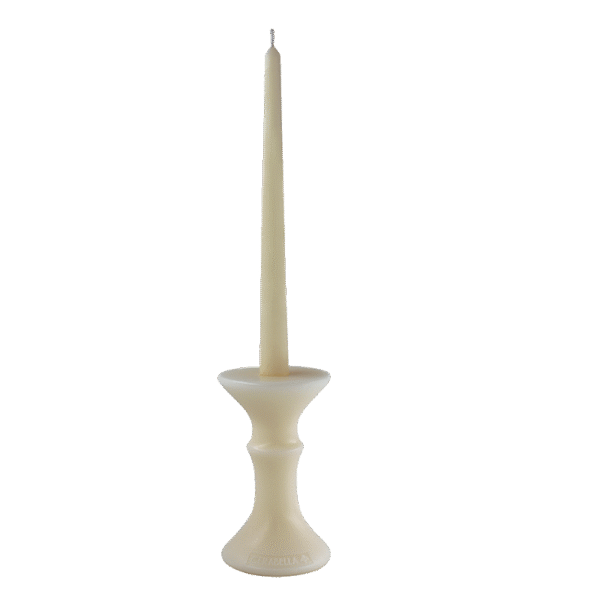 a white candle holder with a long thin candle